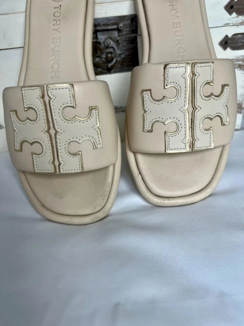 Tory Burch Double T Sport Slide Sandals Sz 6.5 Dulce De Leche Napa Leather Gold - Picture 5 of 13